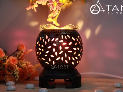 Đèn xông tinh dầu gốm nâu tròn nhỏ T09 [Tặng bóng đèn] DXTDD-GOM-T09N